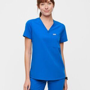 Three FIGS Catarina™ One-Pocket Scrub Top in Capri Blue
